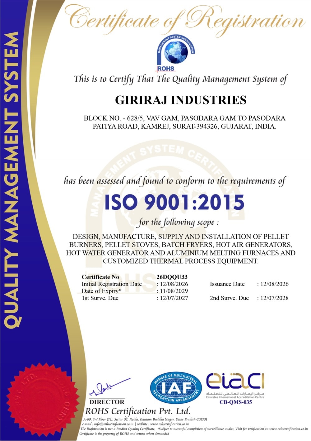 ISO 9001:2015 Certificate of Registration issued to Giriraj Industries