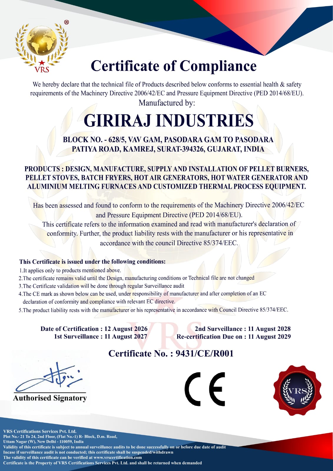 CE Certificate of Compliance issued to Giriraj Industries